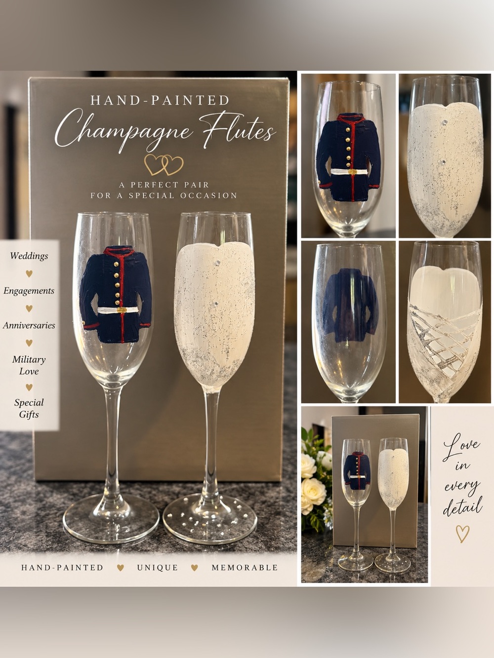 Hand-Painted Navy & White Champagne Flutes - Military Jacket Design